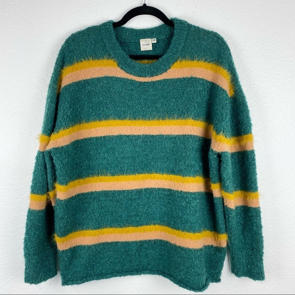 MOUSSY Striped Boucle Sweater, Green, Yellow, Tan